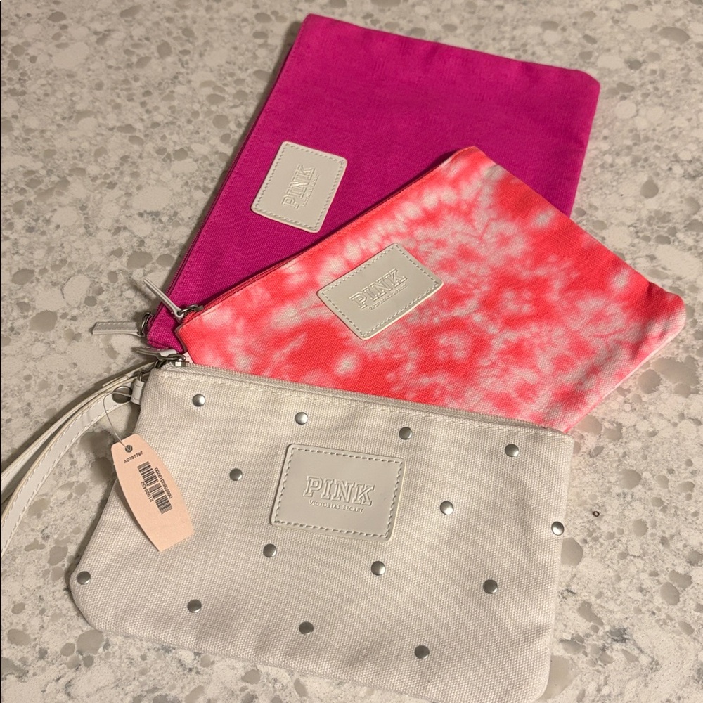 NWT Victoria’s Secret PINK set of 3 clutches w/ interchangeable wristlet strap